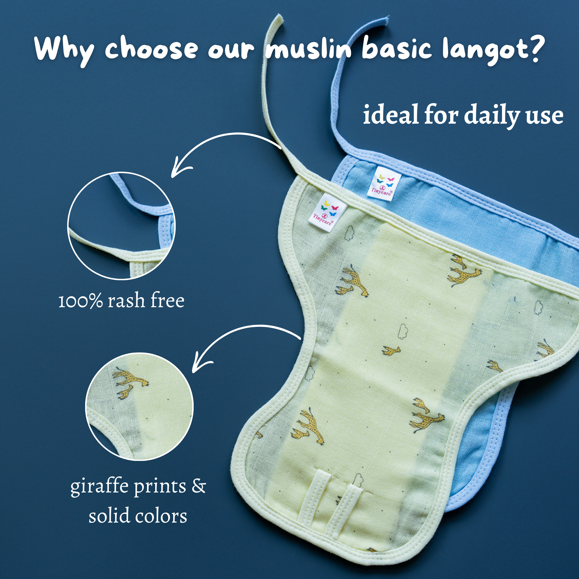 Tinycare Giraffe Print & Solid Muslin Basic Langot with Strings