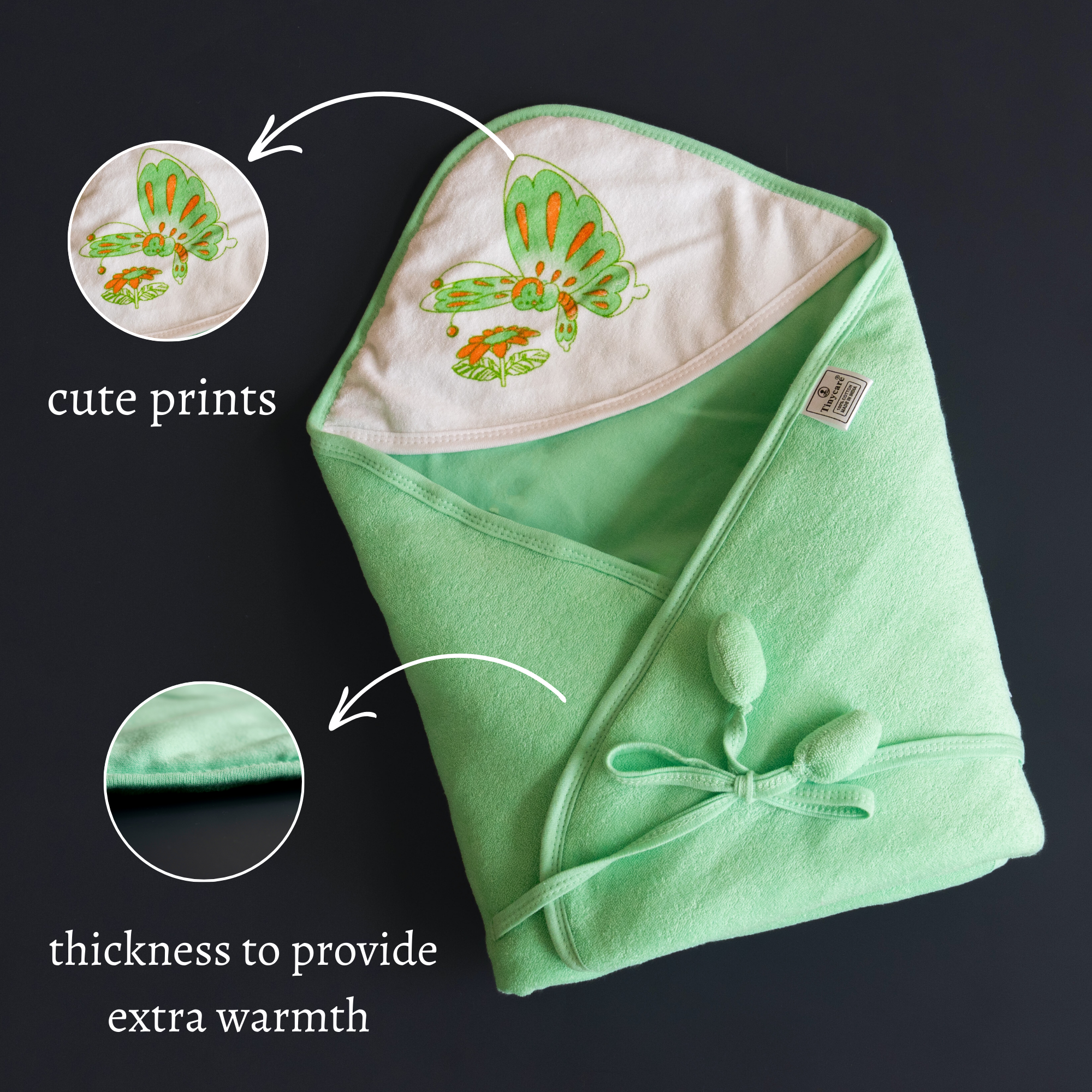 Tinycare Parachute Print Plain Hooded Terry Baby Wrapper