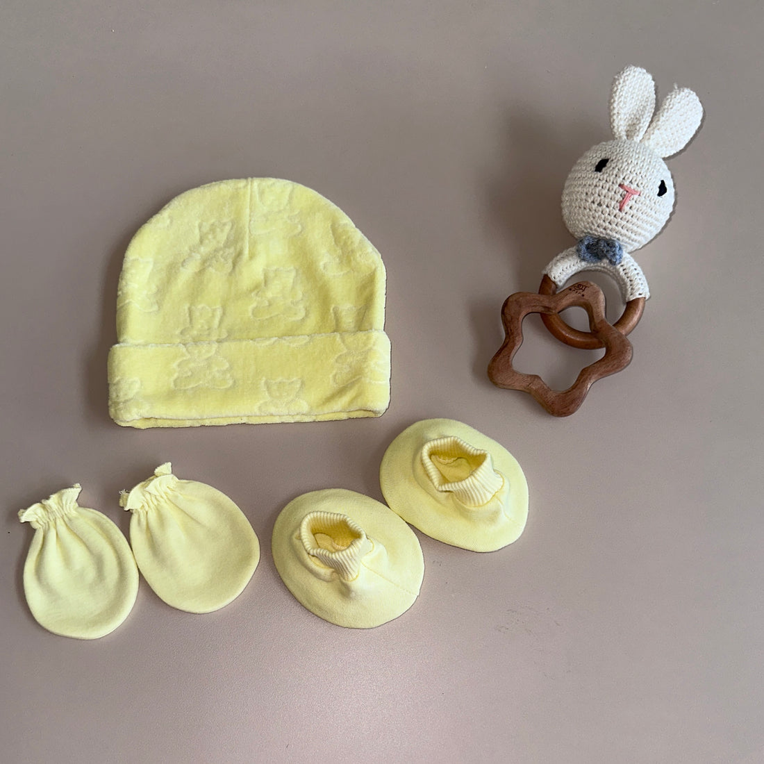 Velour Comfy Essentials: Baby Cap, Booties and Mittens Set