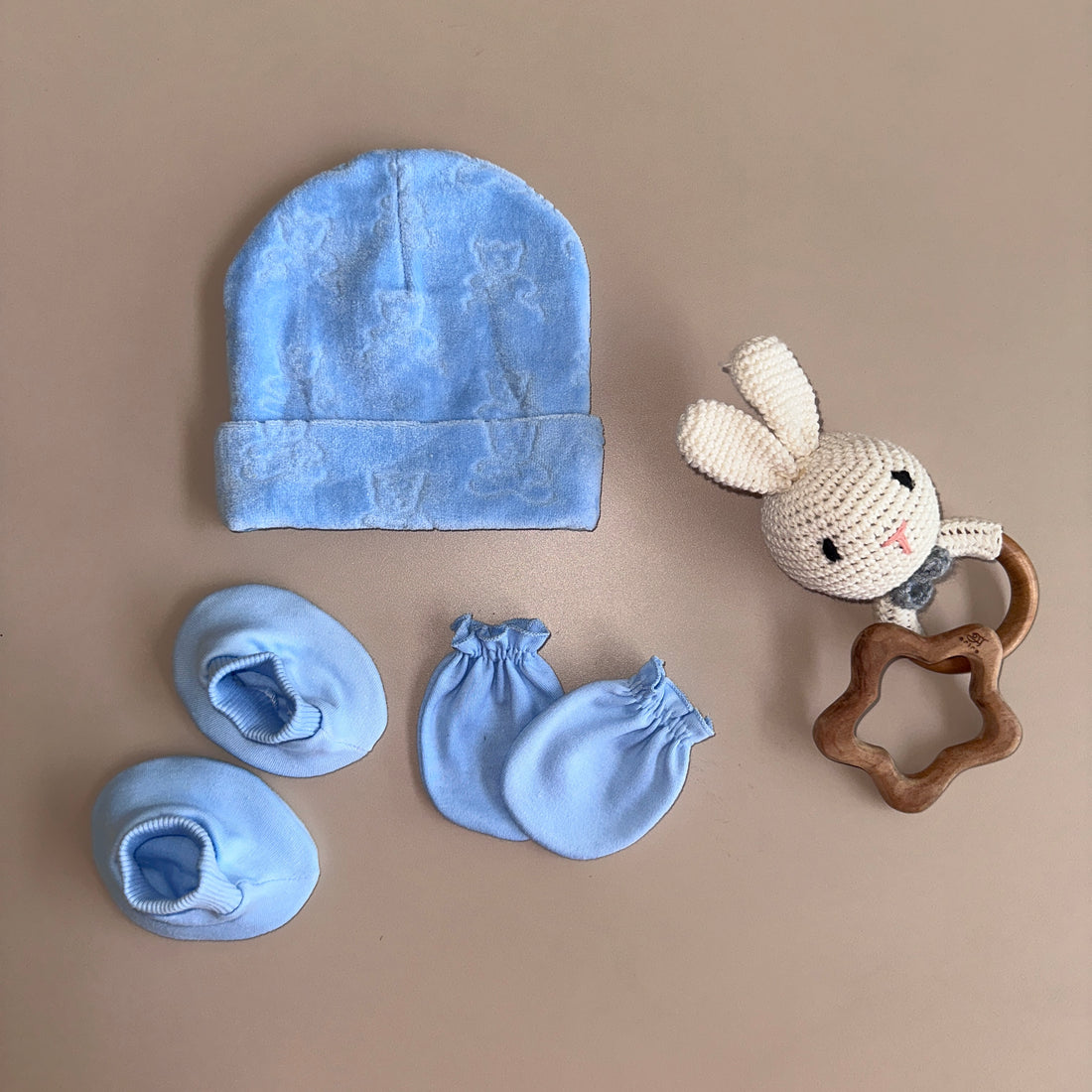 Velour Comfy Essentials: Baby Cap, Booties and Mittens Set