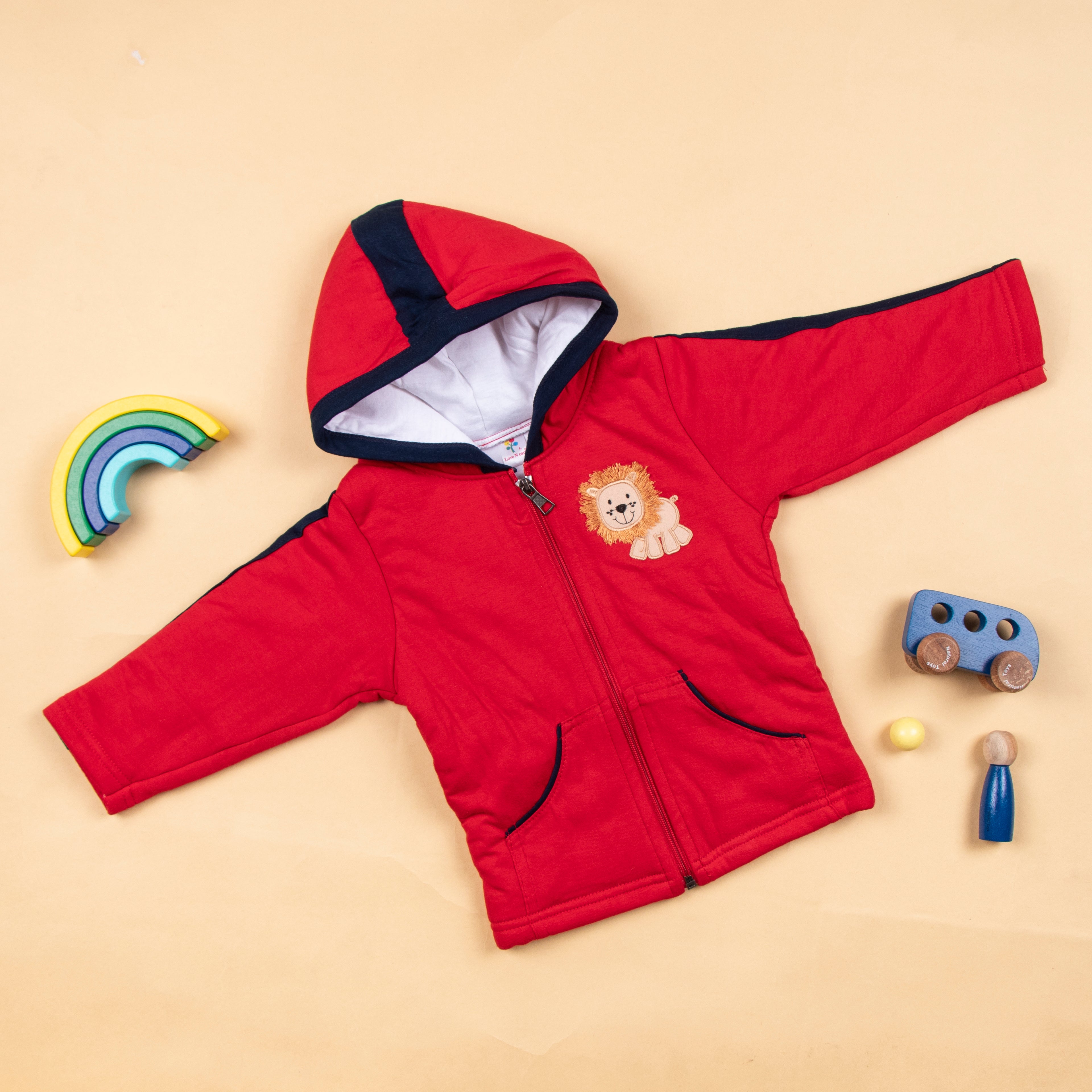 Red & Black Baby Hoodie With Zipper and Lion Print