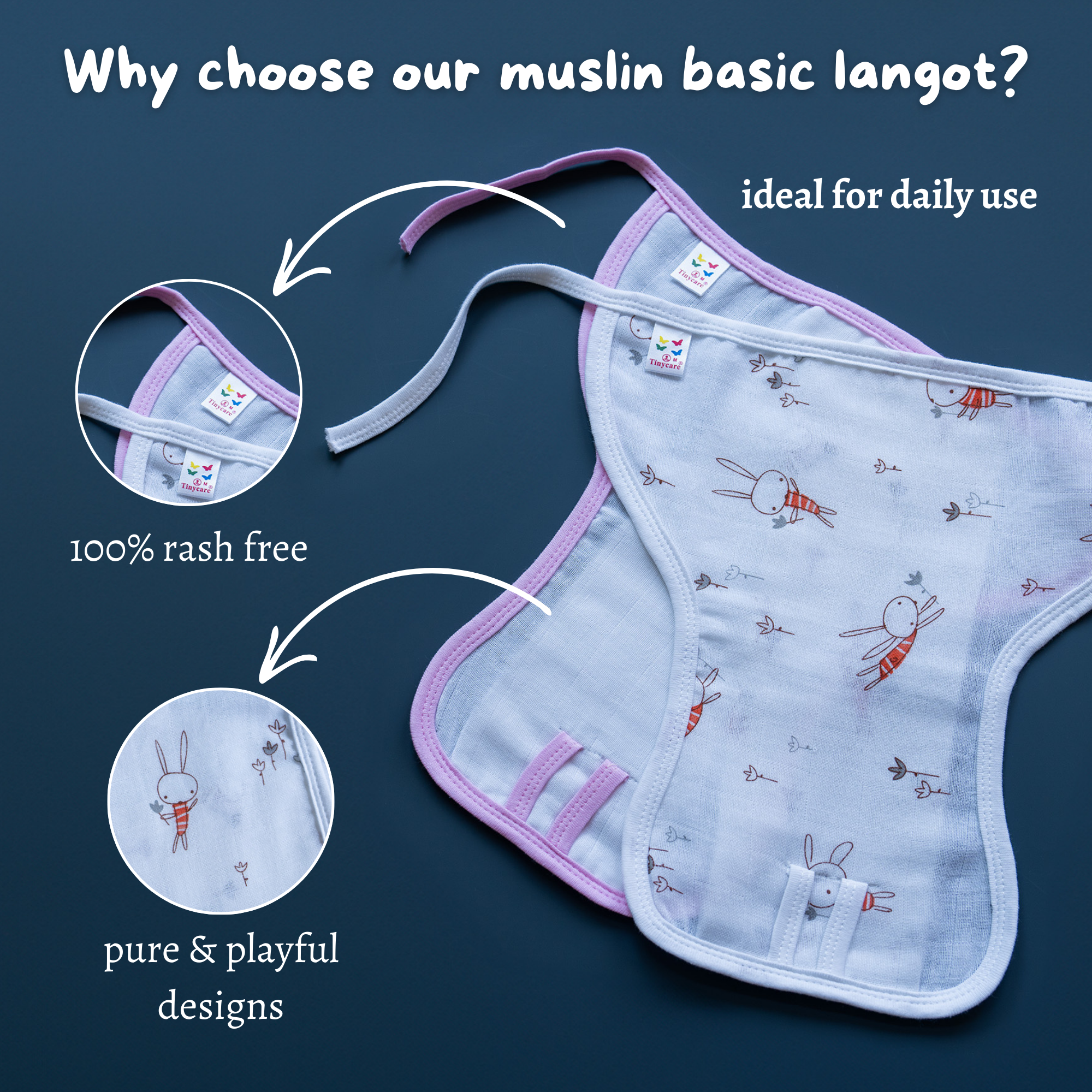 Tinycare White Printed Soft Muslin Basic Langot with Strings