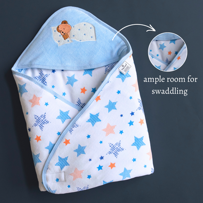 Tinycare Hooded White Star Print Cotton Baby Wrapper