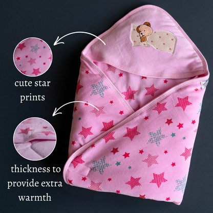 Tinycare Hooded Colored Star Print Cotton Baby Wrapper