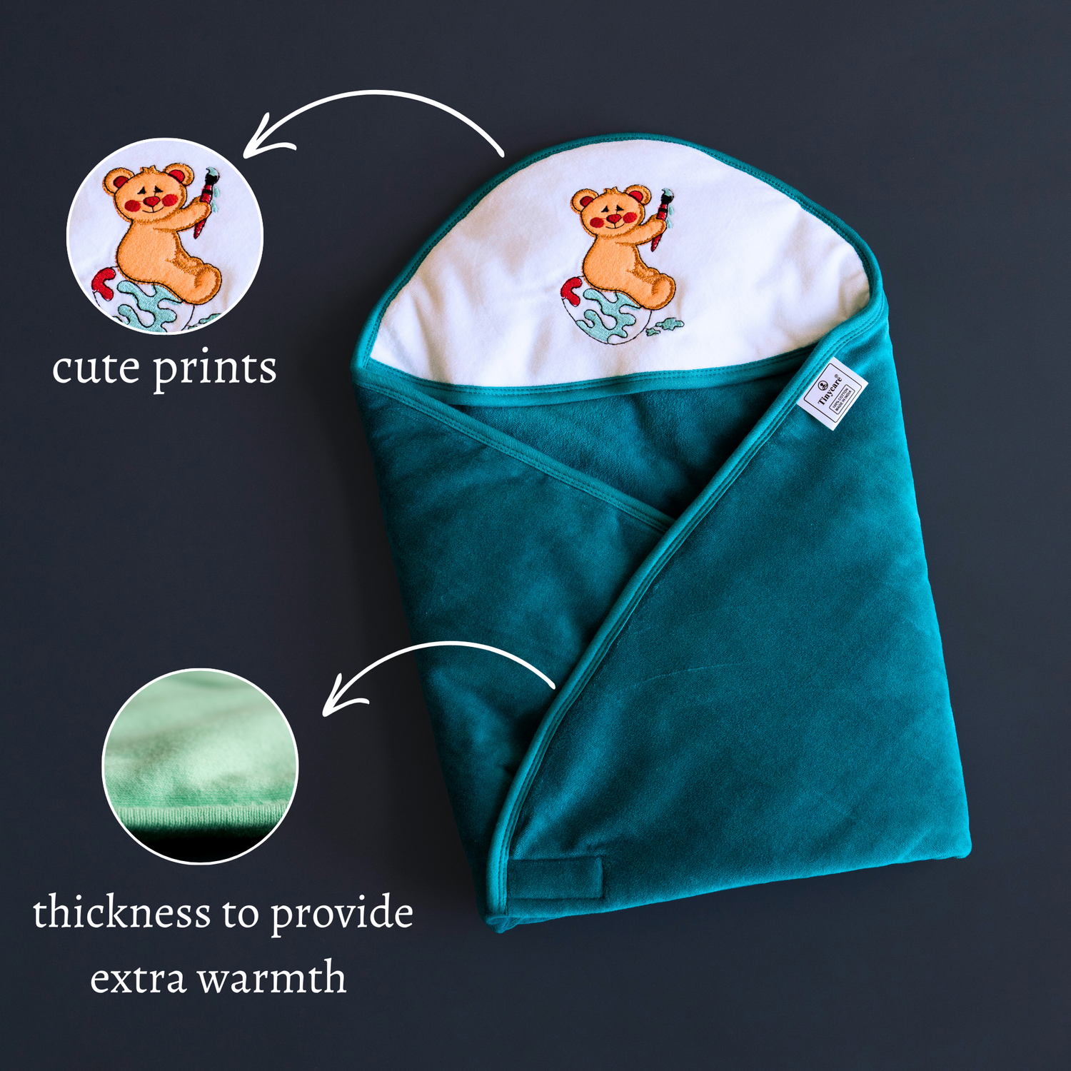 Tinycare Teddy Bear Velour Hooded Baby Wrapper