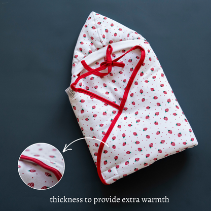 Tinycare Hooded Strawberry White Print Cotton Baby Wrapper