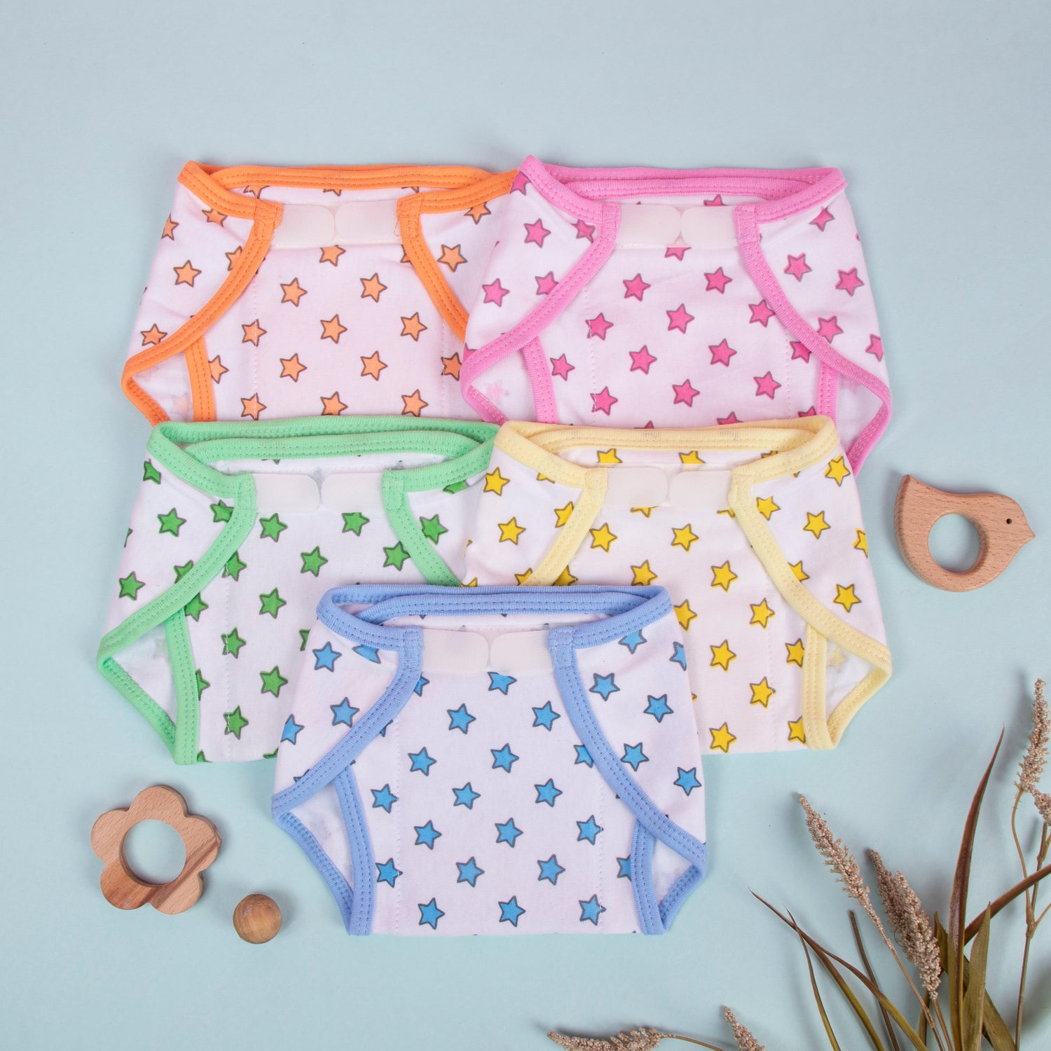 Ready To Wear Cotton Star Printed Baby Nappies - Pack of 5