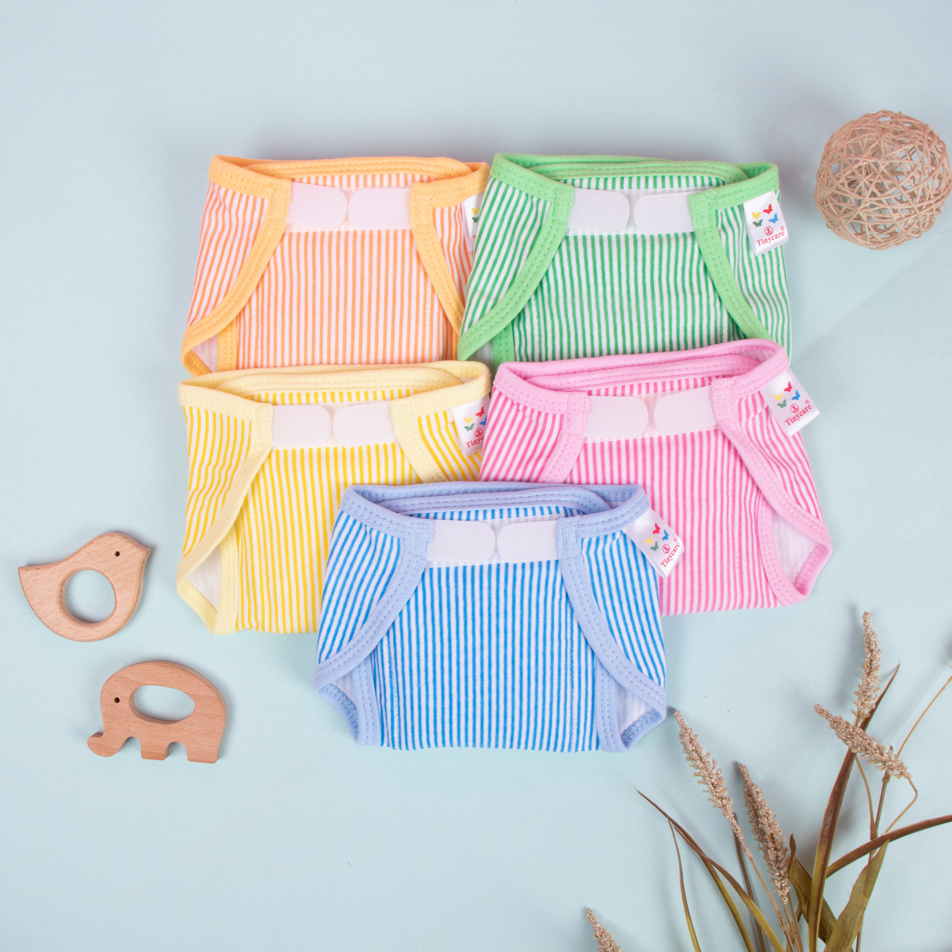 Cotton Nappies with Velco Stripes - Pack of 5