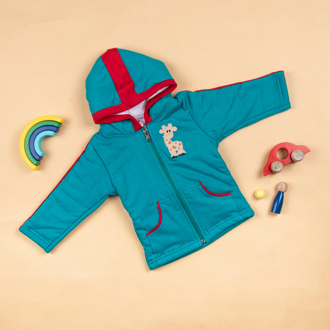 Green & Red Baby Giraffe Hoodie With Zipper