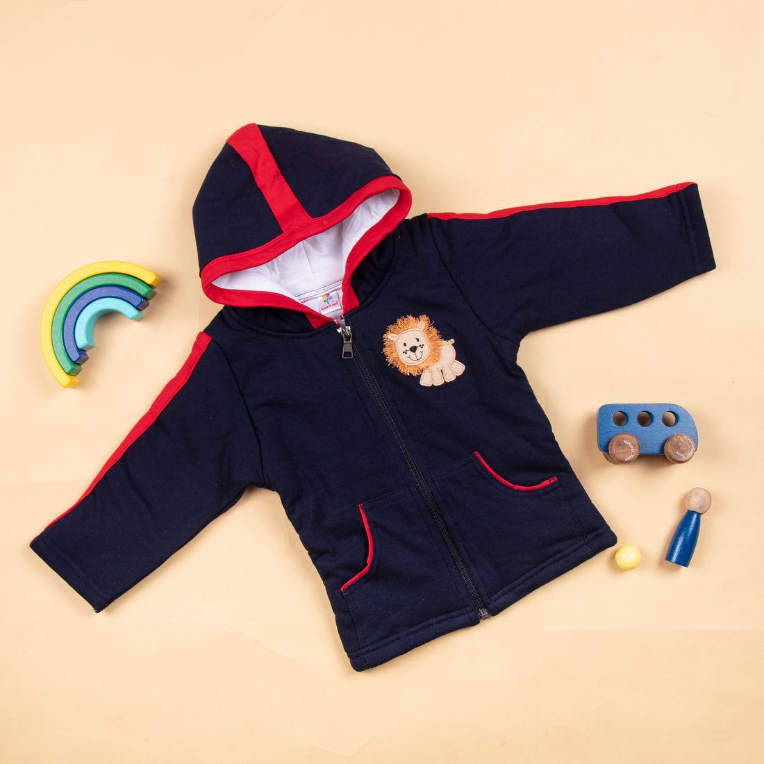 Red & Black Baby Hoodie With Zipper and Lion Print