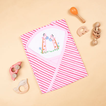 Baby Hooded Towel With Stripes made of double side soft interlock.